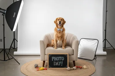 Pet Photography. Golden Retriever Sitting in Armchair in Studio.